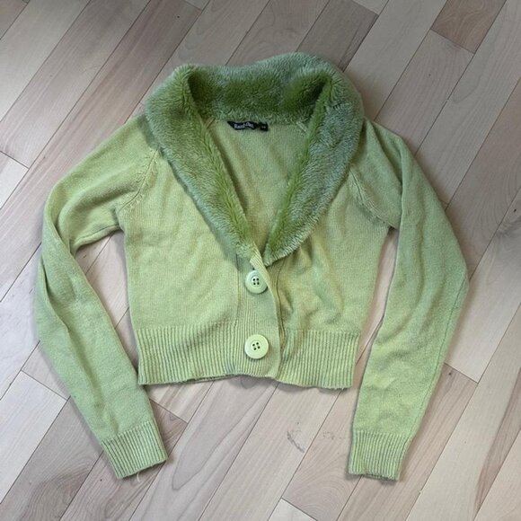 Vintage Y2K Razzle Dazzle Green Faux Fur Collar Cardigan – Made in Korea S - Picture 2 of 8